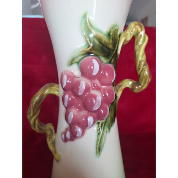 Hull Tokay Pink Green Vase #12 3D Grape Cluster Vine Handle 12" MCM - Excellent - Picture 3 of 7